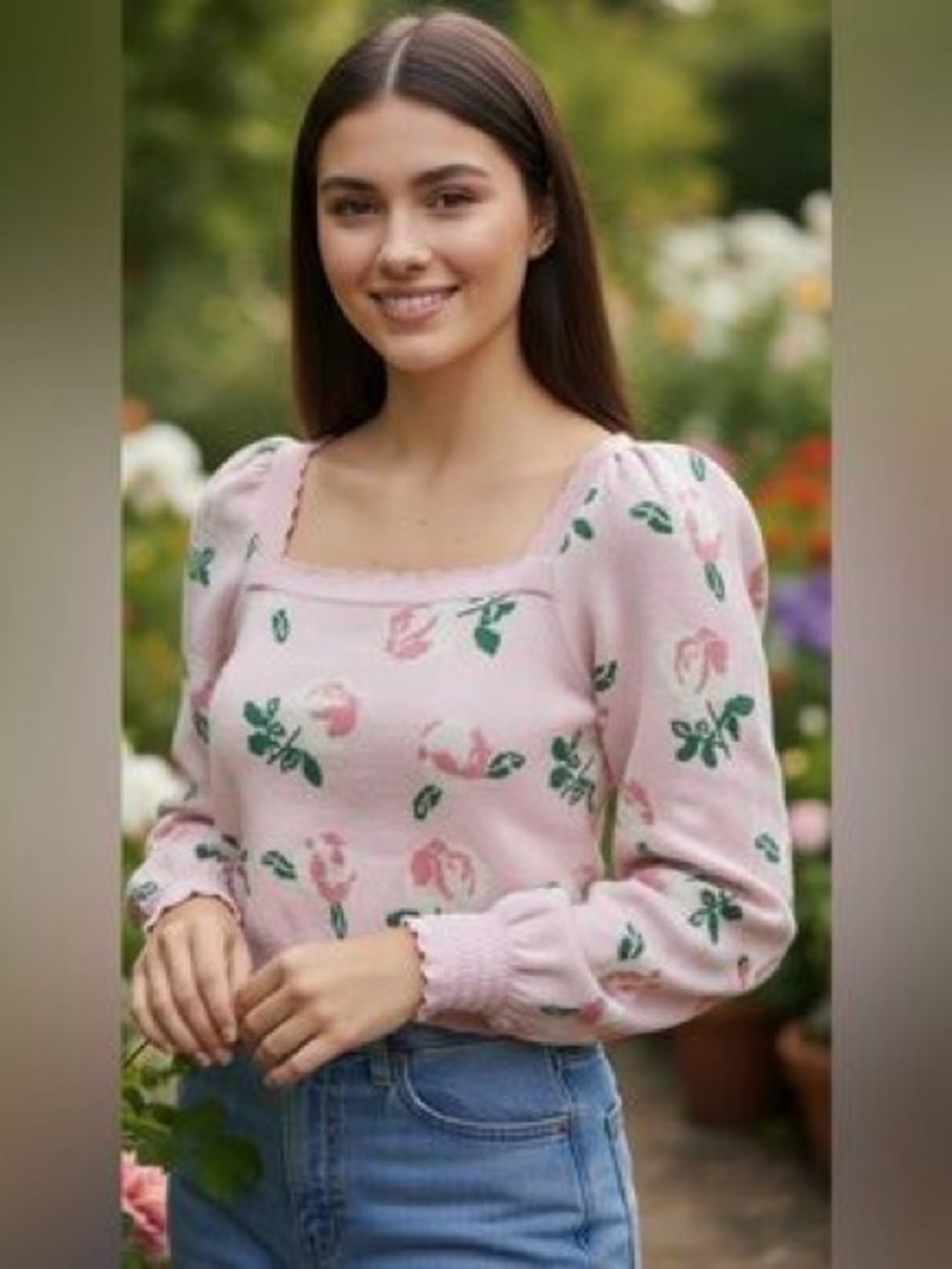 Willow & Wind Floral Square Neck Balloon Sleeve Sweater NWOT Medium
